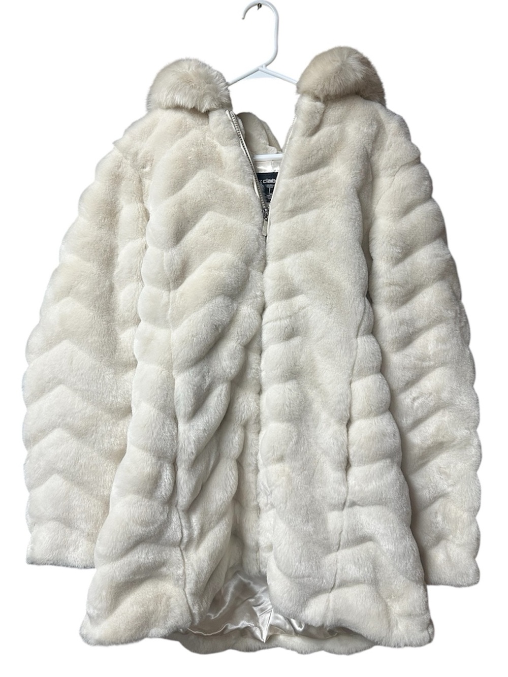 Liz Claiborne Cream Faux Fur Hooded Jacket Coat - Size Medium - Picture 2 of 7